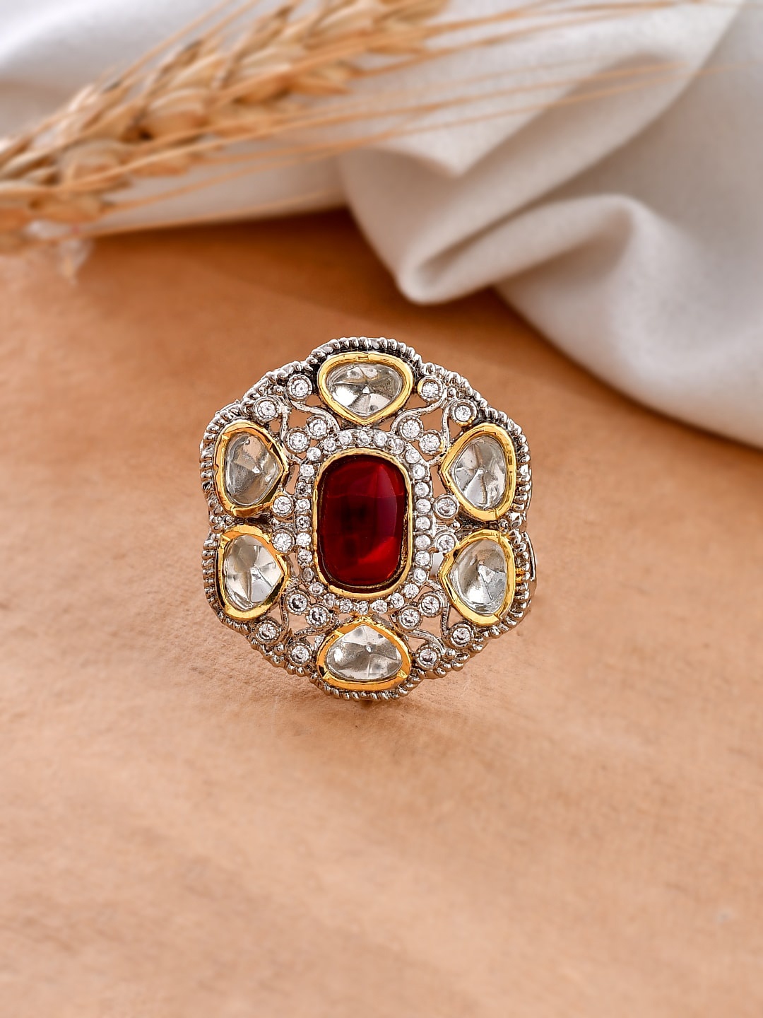 

DASTOOR Gold Plated Kundan Stone Studded Adjustable Finger Ring