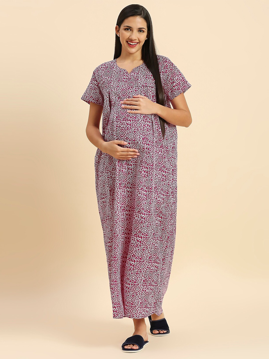 

MomToBe Ethnic Motifs Printed Maxi Maternity Nightdress, Purple