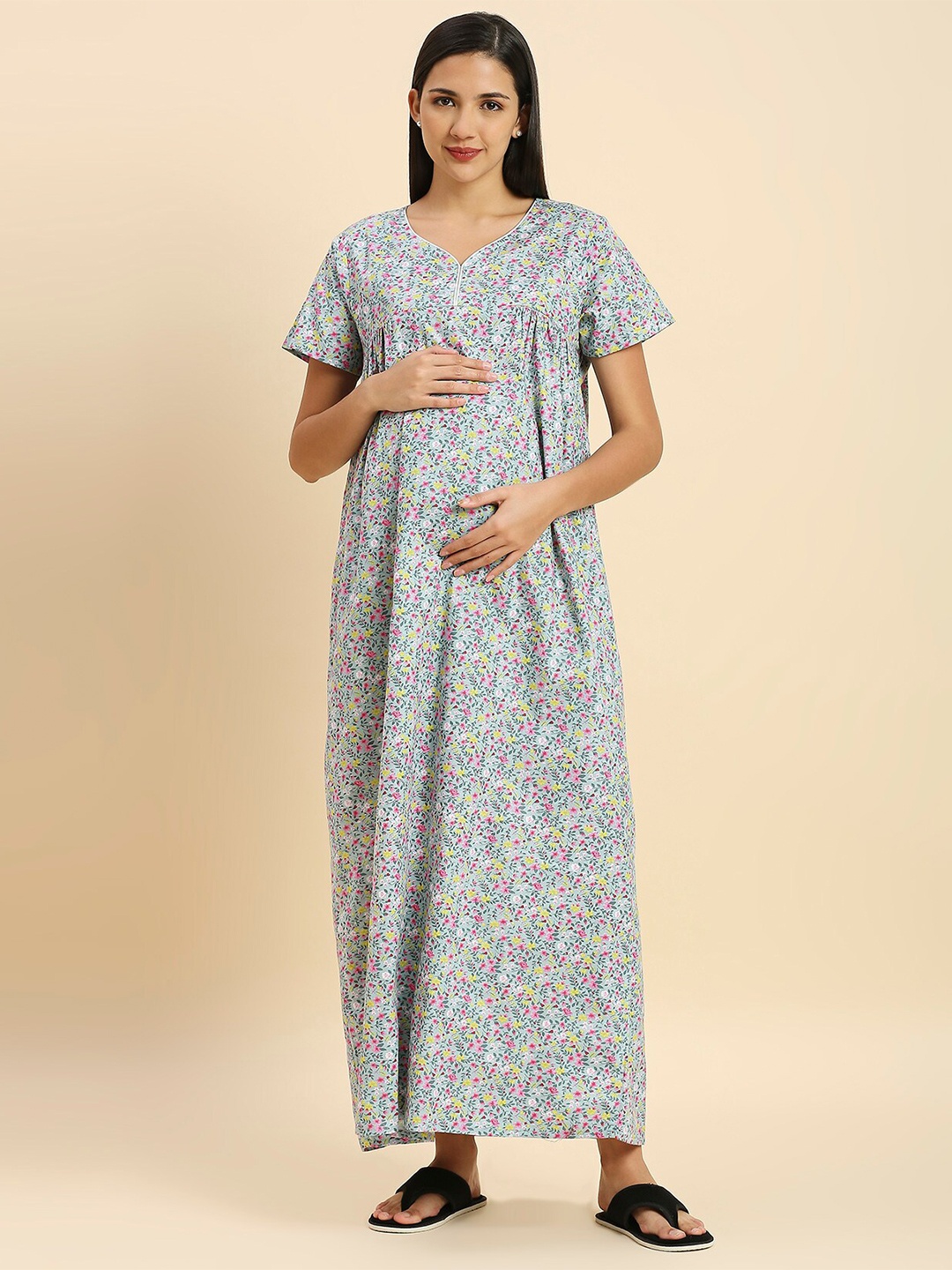 

MomToBe Floral Printed Maxi Maternity Nightdress, Blue