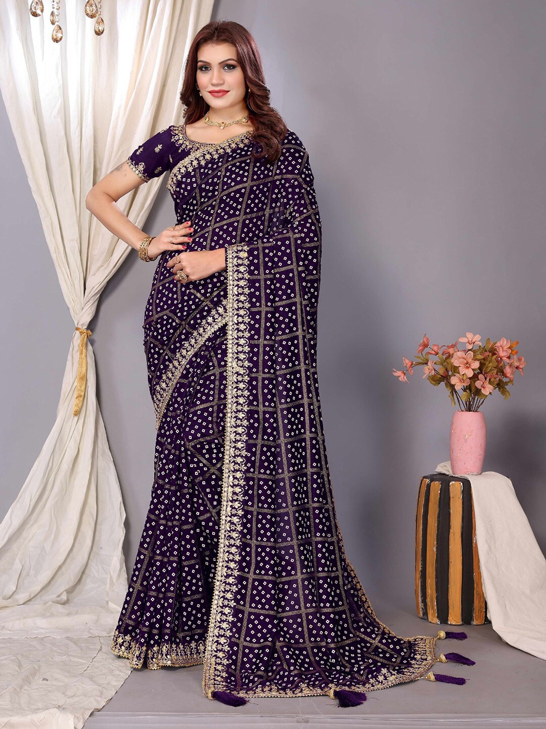 

Saree mall Embroidered Bandhani Sarees, Purple