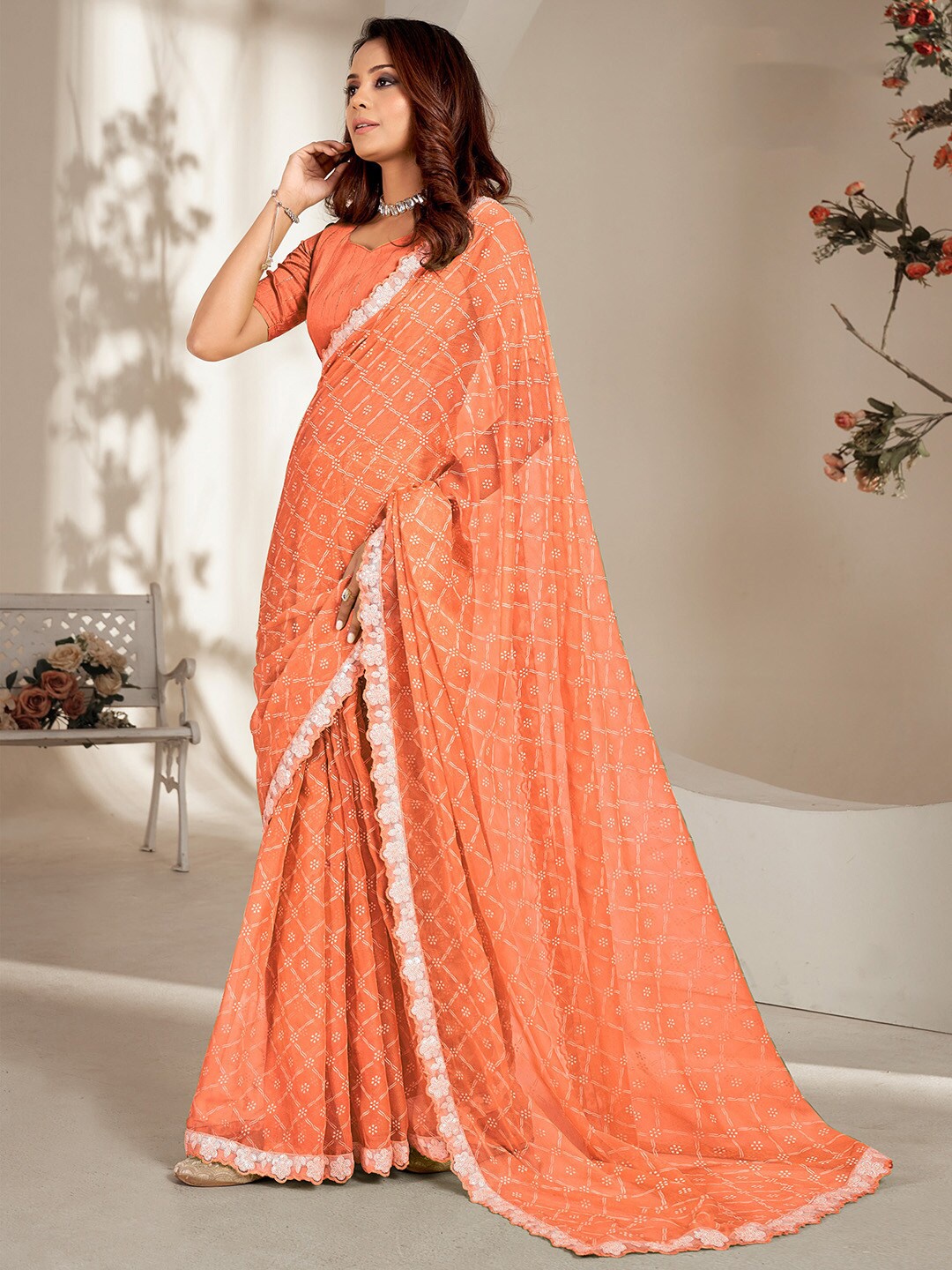 

Saree mall Ethnic Motifs Printed Sequinned detail Poly Chiffon Sarees, Orange