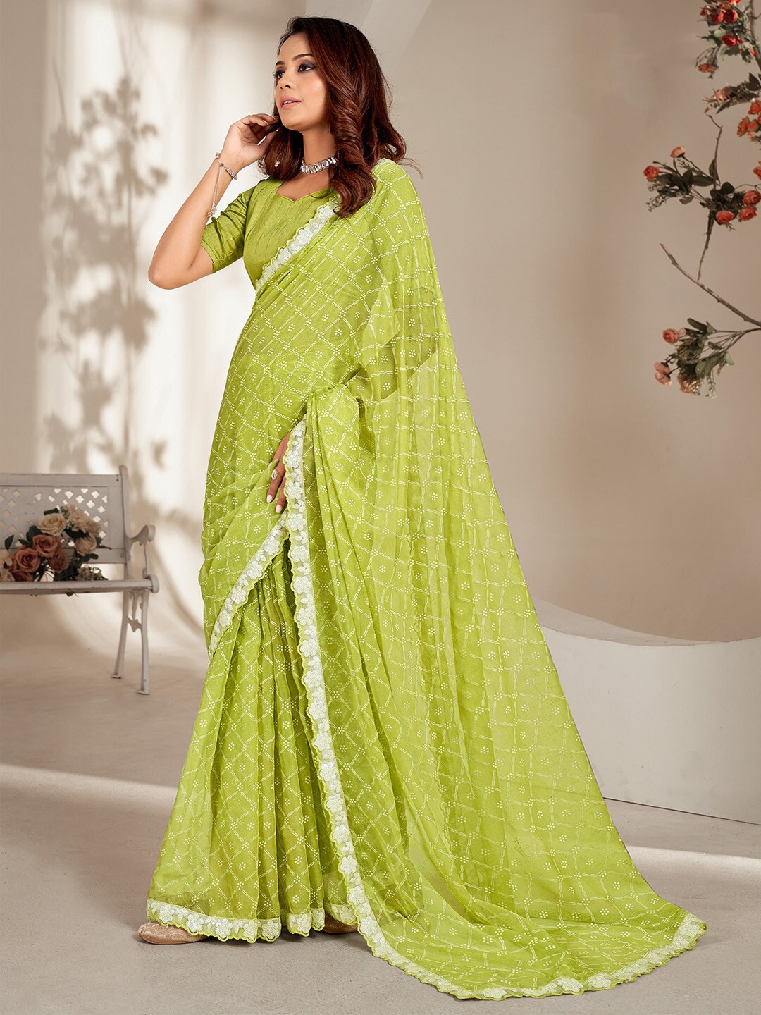 

Saree mall Ethnic Motifs Printed Sequinned detail Pure Chiffon Sarees, Green