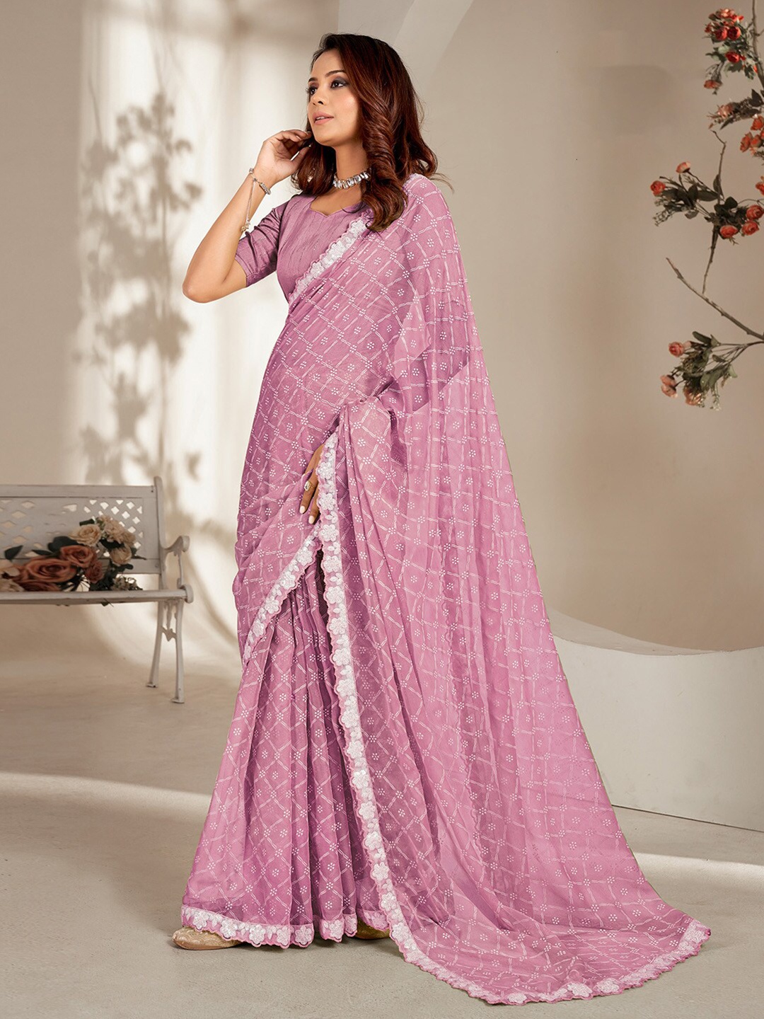 

Saree mall Ethnic Motifs Printed Poly Chiffon Sarees, Lavender