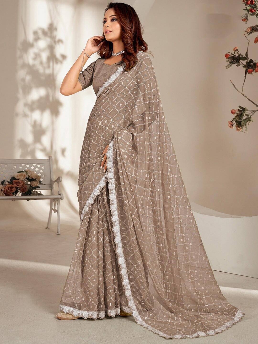 

Saree mall Ethnic Motifs Printed Pure Chiffon Sarees, Grey