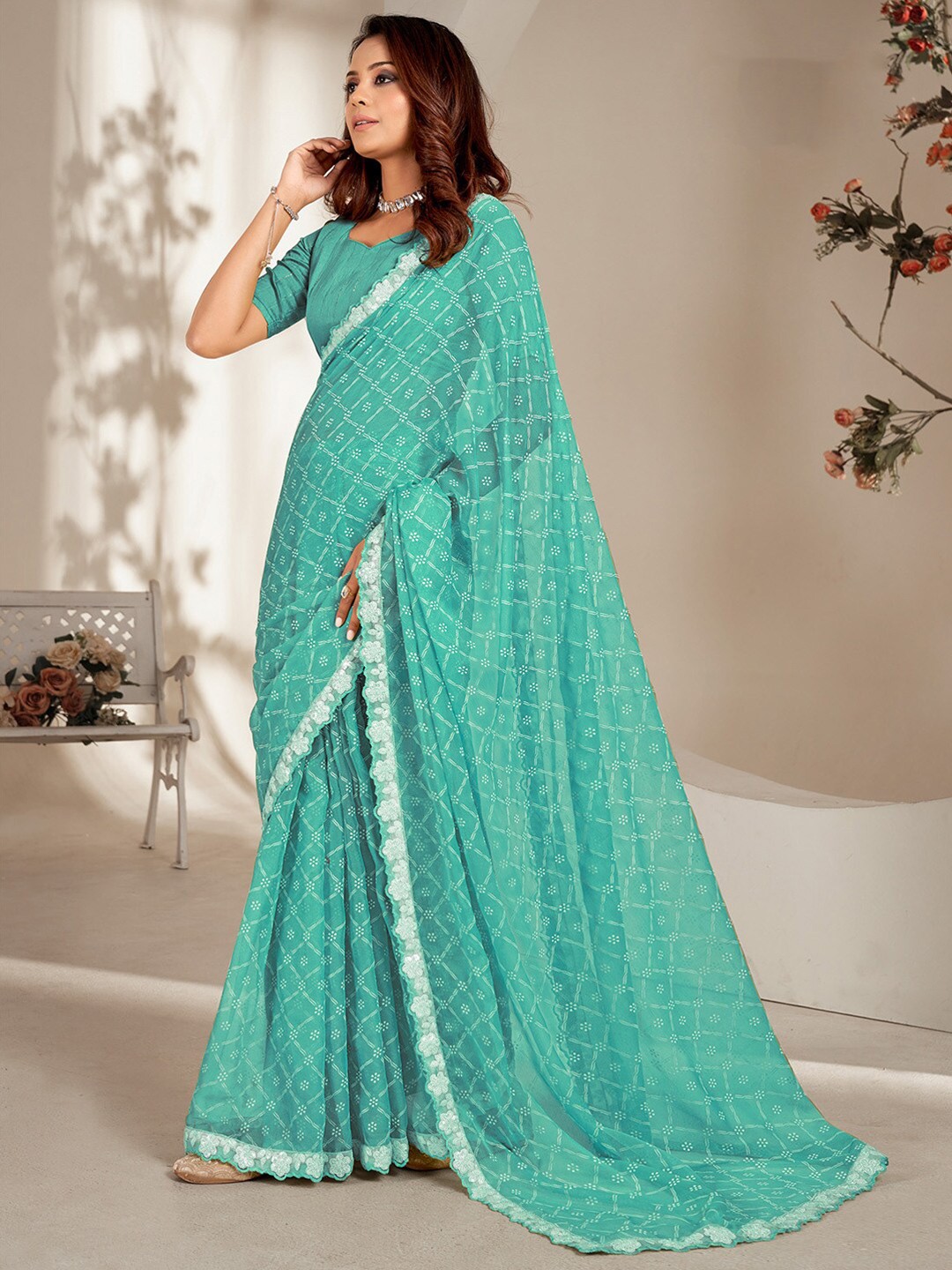 

Saree mall Ethnic Motifs Printed Embroidered Saree, Turquoise blue