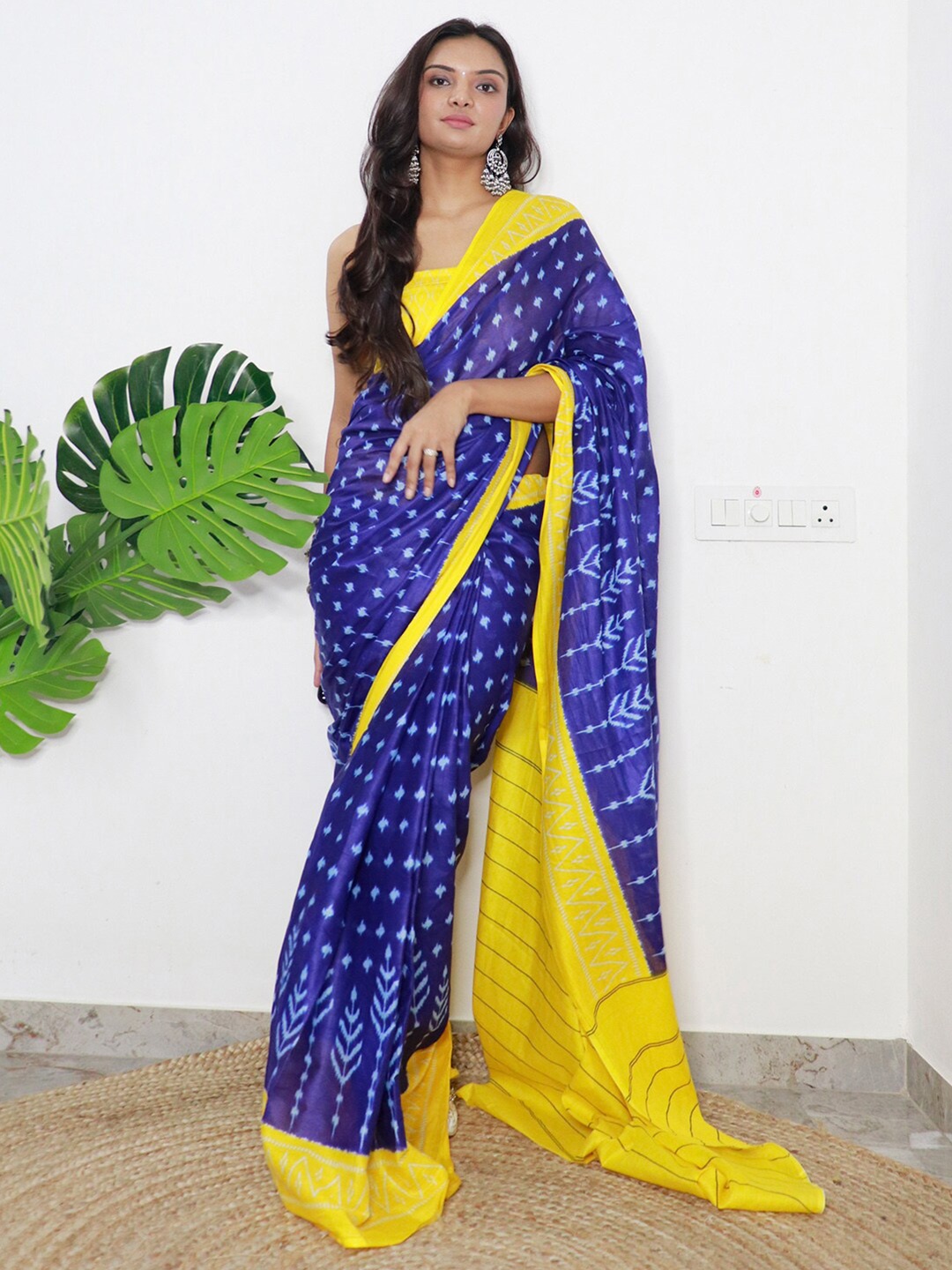 

Saree mall Ethnic Motifs Printed Poly Cotton Ikat Sarees, Blue