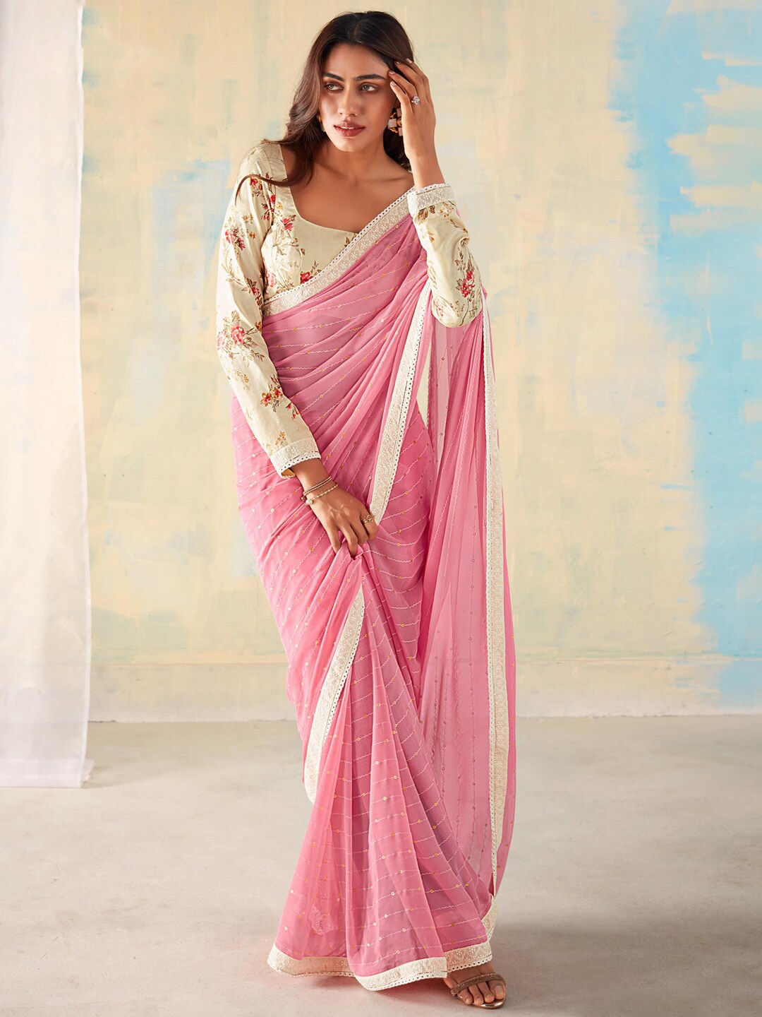 

Saree mall Embellished Sequinned Pure Georgette Sarees, Pink