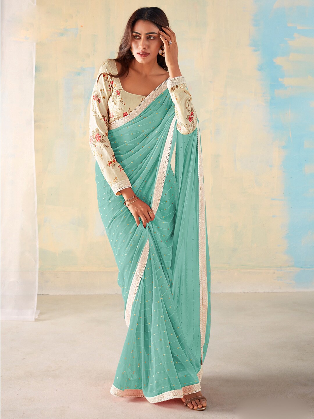 

Saree mall Embellished Sequinned Pure Georgette Sarees, Blue