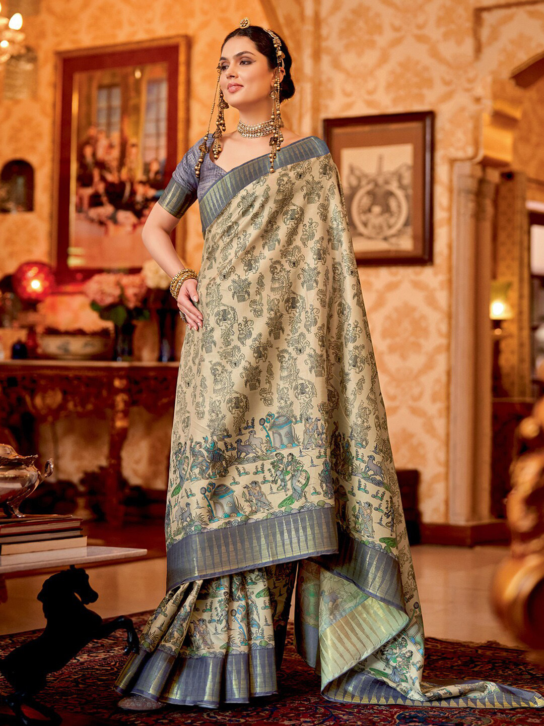 

Saree mall Ethnic Motifs Printed Zari Sarees, Cream