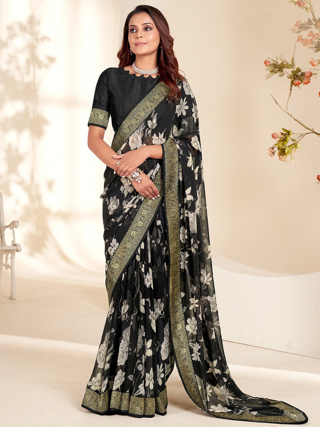 

Saree mall Floral Printed Zari Poly Georgette Sarees, Black