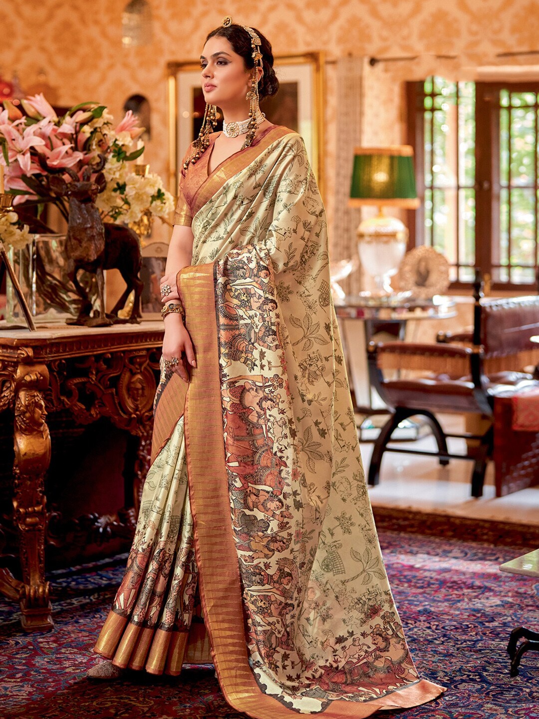 

Saree mall Ethnic Motifs Printed Zari Sungudi Sarees, Cream