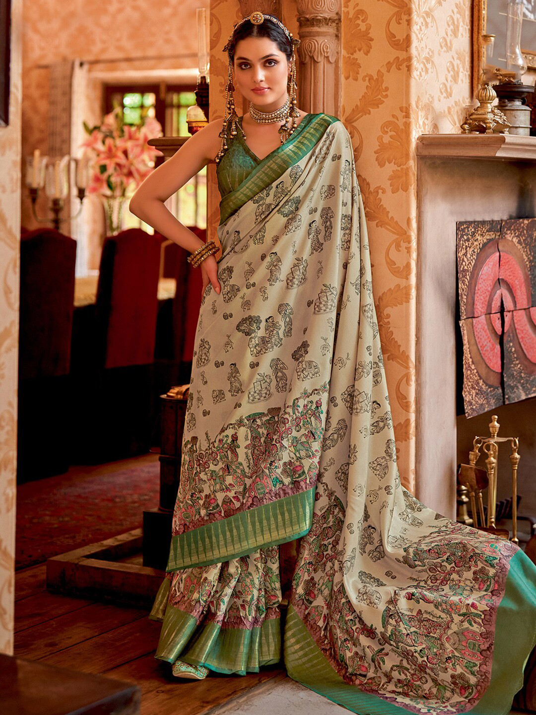 

Saree mall Warli Zari Sungudi Sarees, Cream