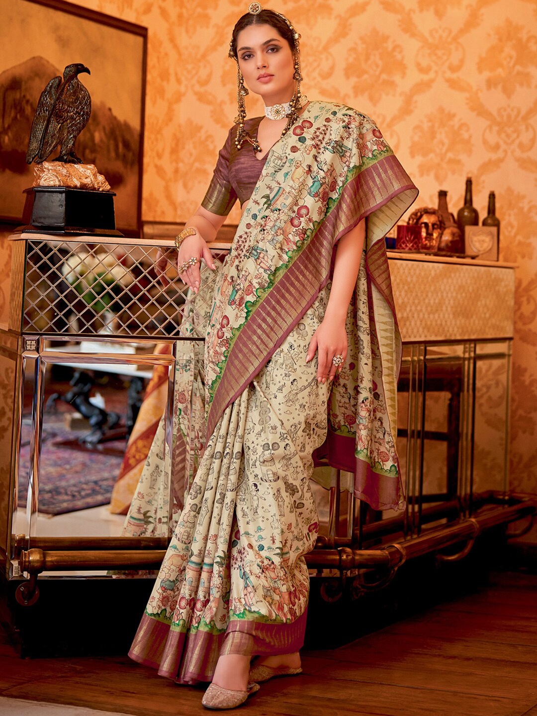 

Saree mall Cream-Coloured Ethnic Motifs Printed Zari Silk Blend Sungudi Sarees