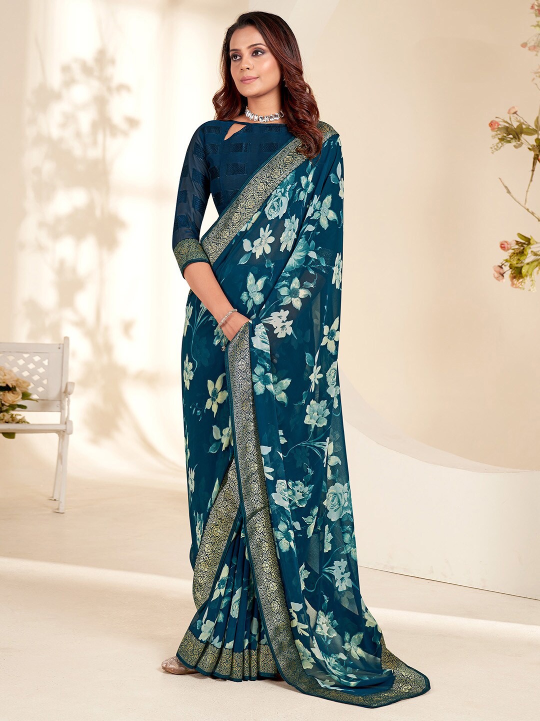 

Saree mall Floral Printed Zari Pure Georgette Sarees, Teal