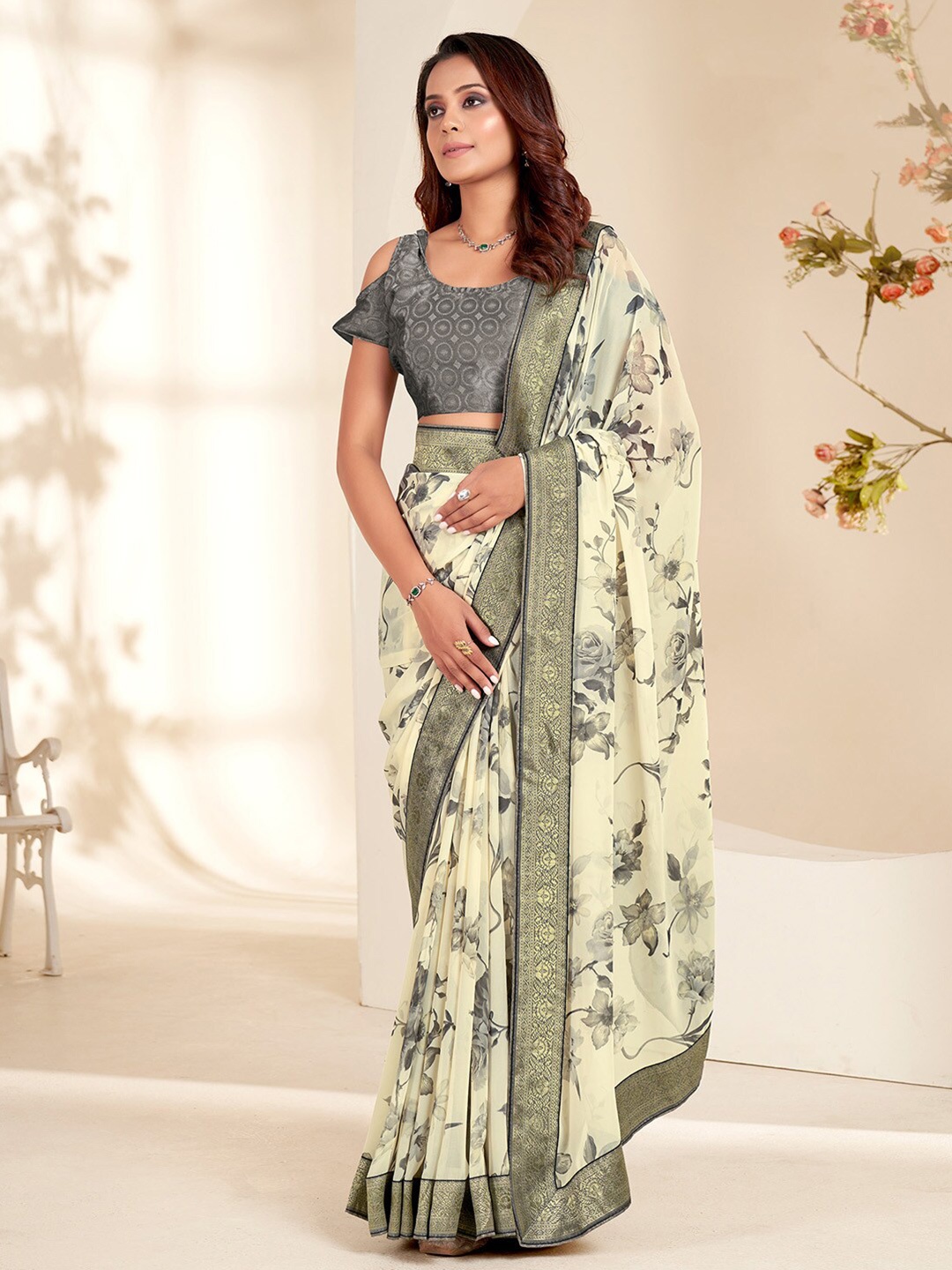 

Saree mall Off White & Grey Floral Printed Zari Pure Georgette Bagh Sarees