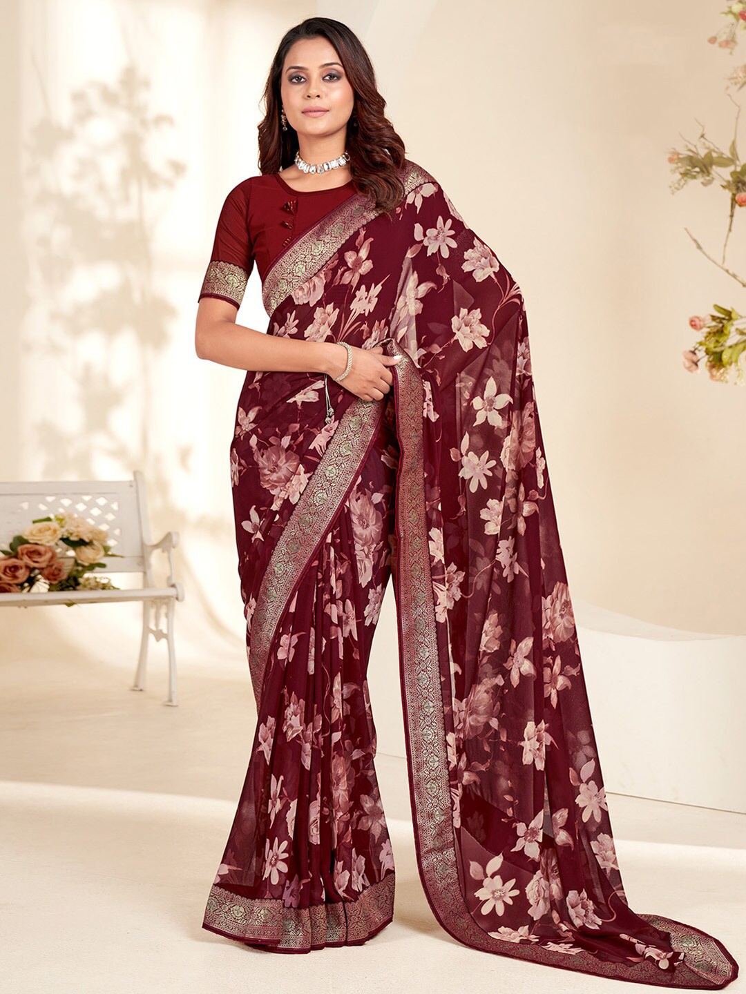 

Saree mall Maroon & Beige Floral Printed Zari Pure Georgette Sarees