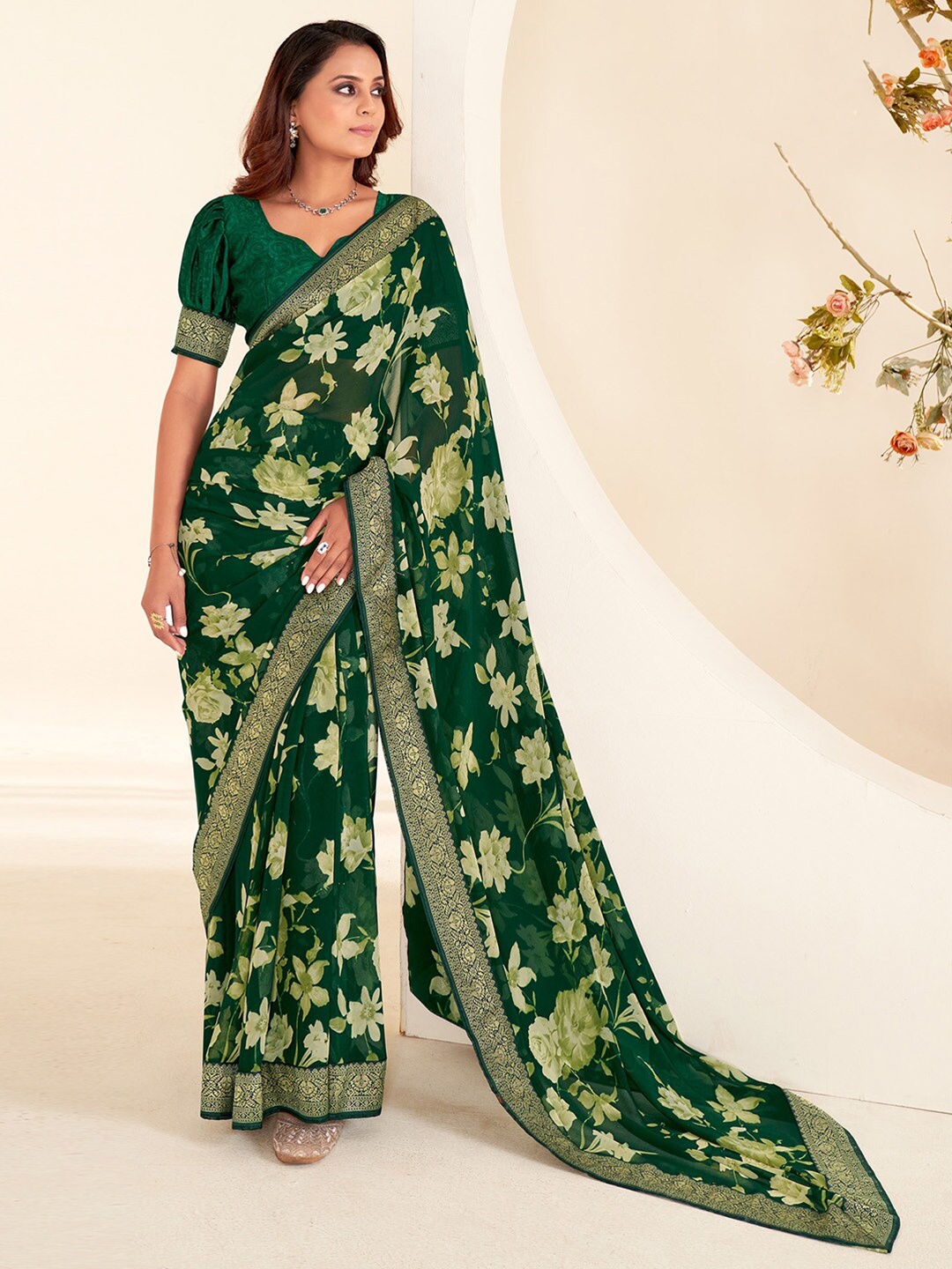 

Saree mall Green & Gold-Toned Floral Printed Zari Pure Georgette Sarees