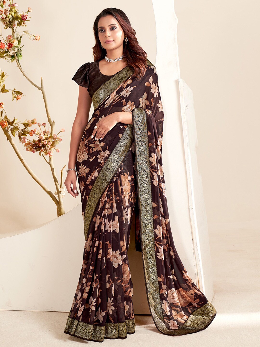 

Saree mall Floral Printed Zari Pure Georgette Bagh Sarees, Brown