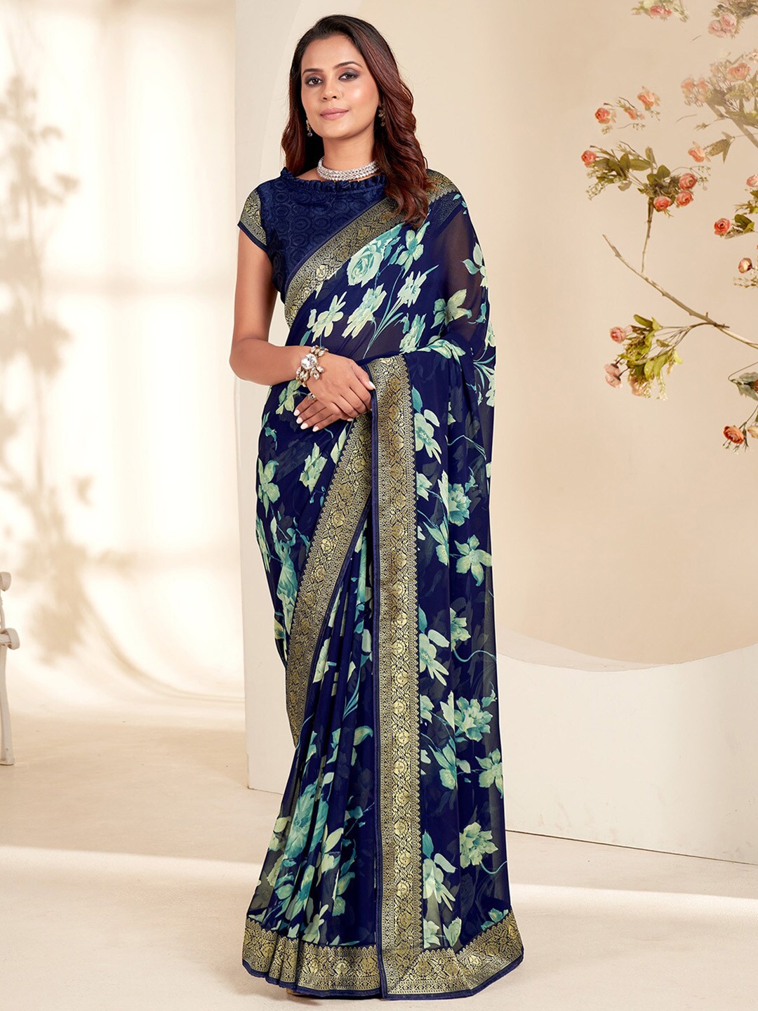 

Saree mall Floral Printed Pure Georgette Bagh Sarees, Navy blue