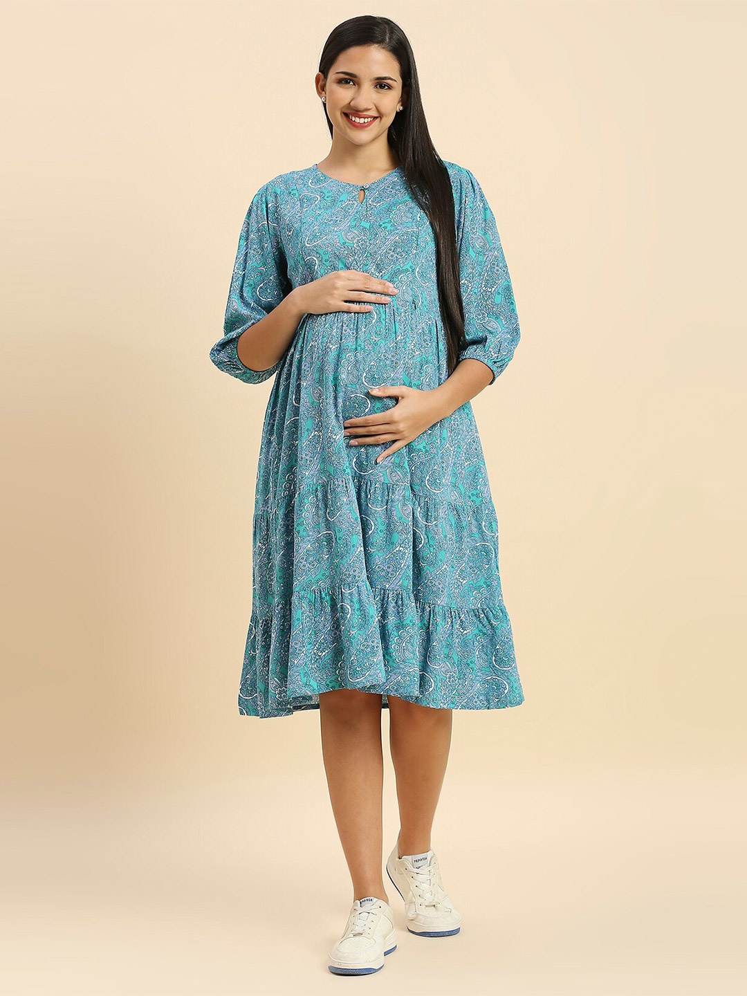

MomToBe Floral Printed Maternity A-Line Dress, Green