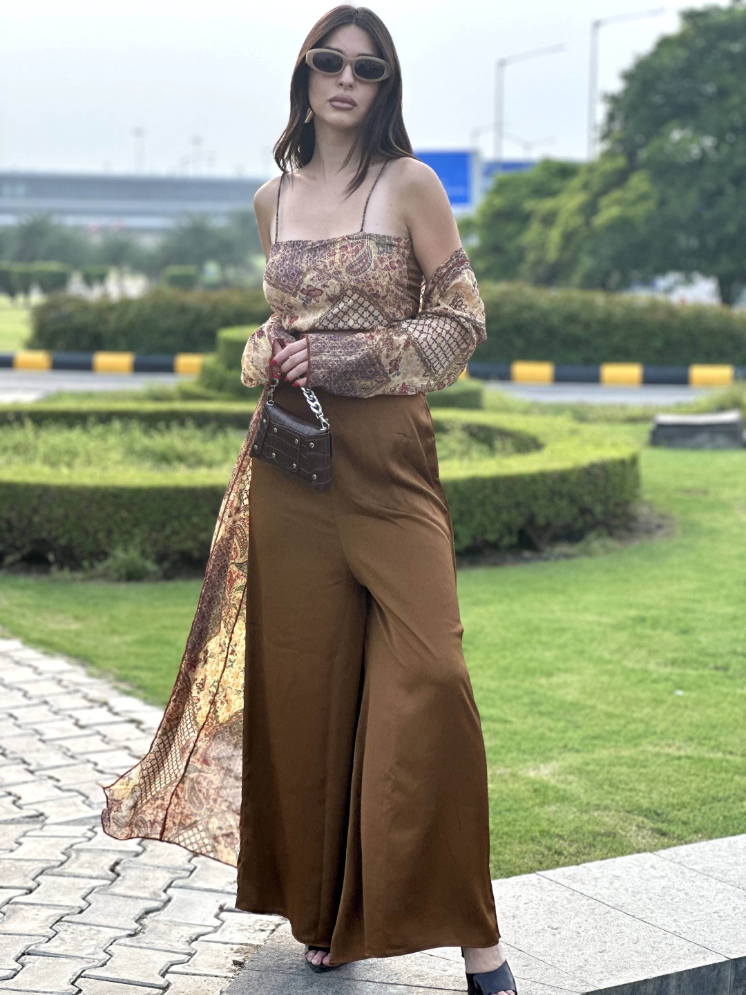 

StyleAsh Printed Square Neck Top & Flared Trouser With Shrug Co-Ords, Brown