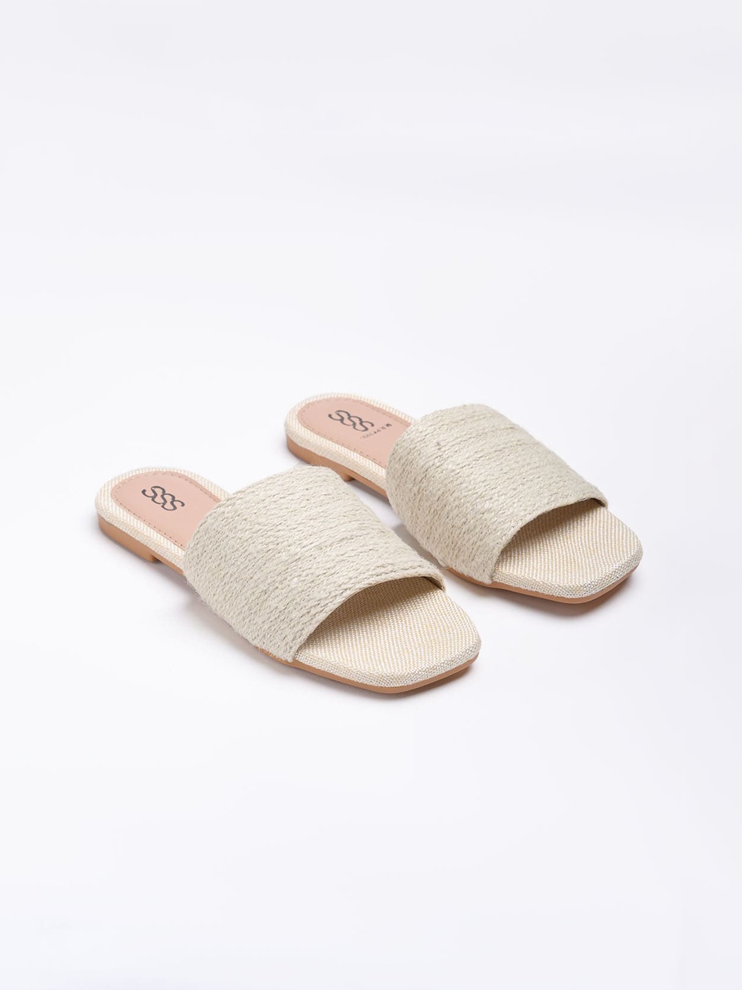 

Street Style Store Textured Fabric Open Toe Flats, Off white