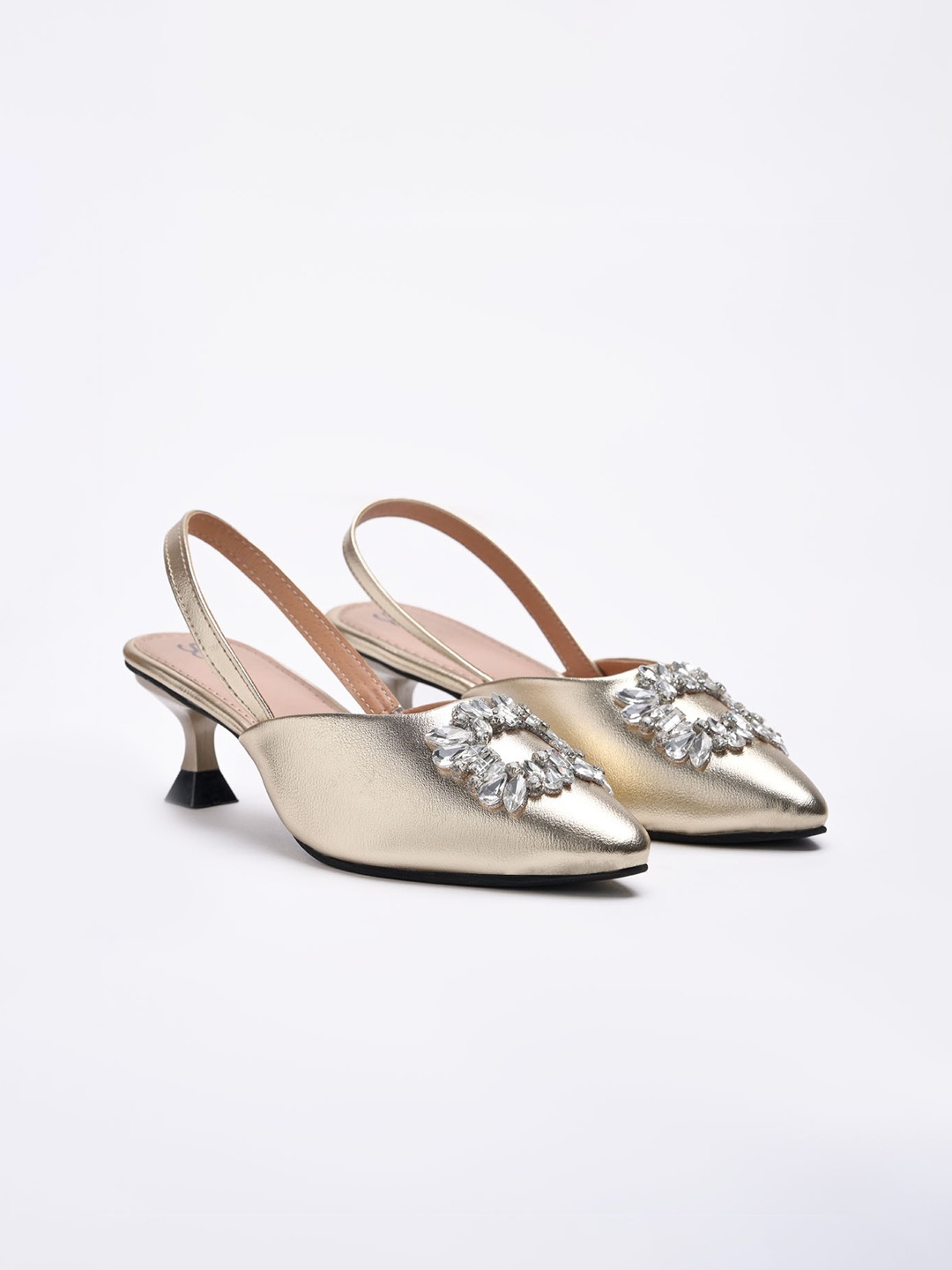 

Street Style Store Embellished Pointed Toe Block Mules With Backstrap, Gold