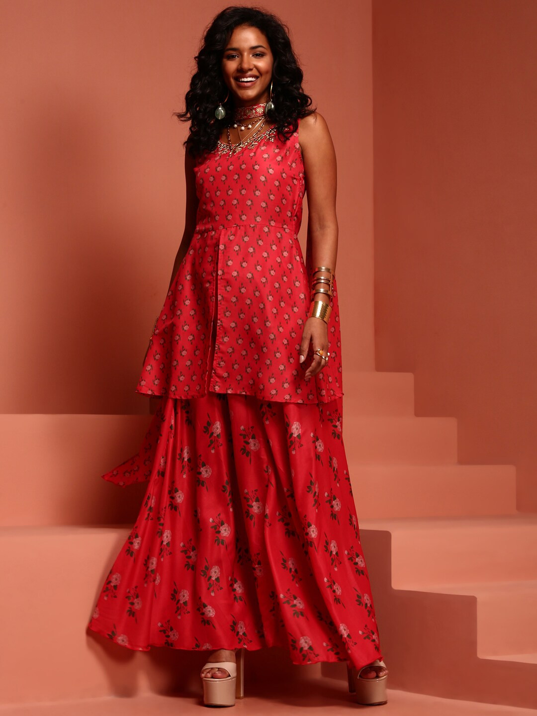 

IMARA Floral Printed Thread Work Kurti with Skirt & Dupatta, Coral