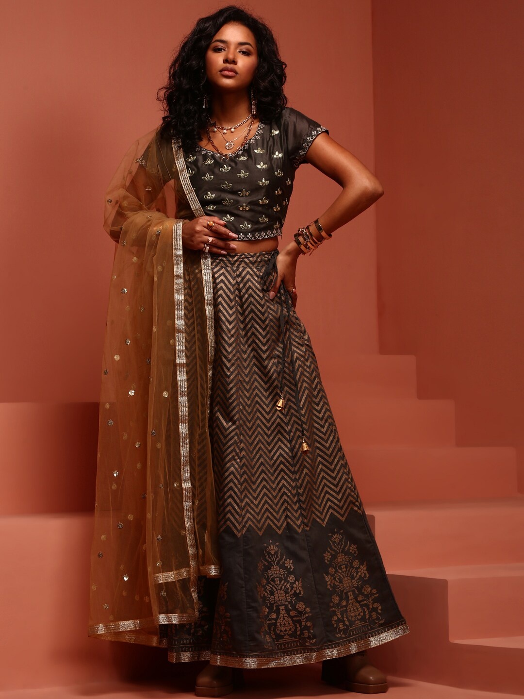 

IMARA Floral Embroidered Ready to Wear Lehenga & Blouse With Dupatta, Black