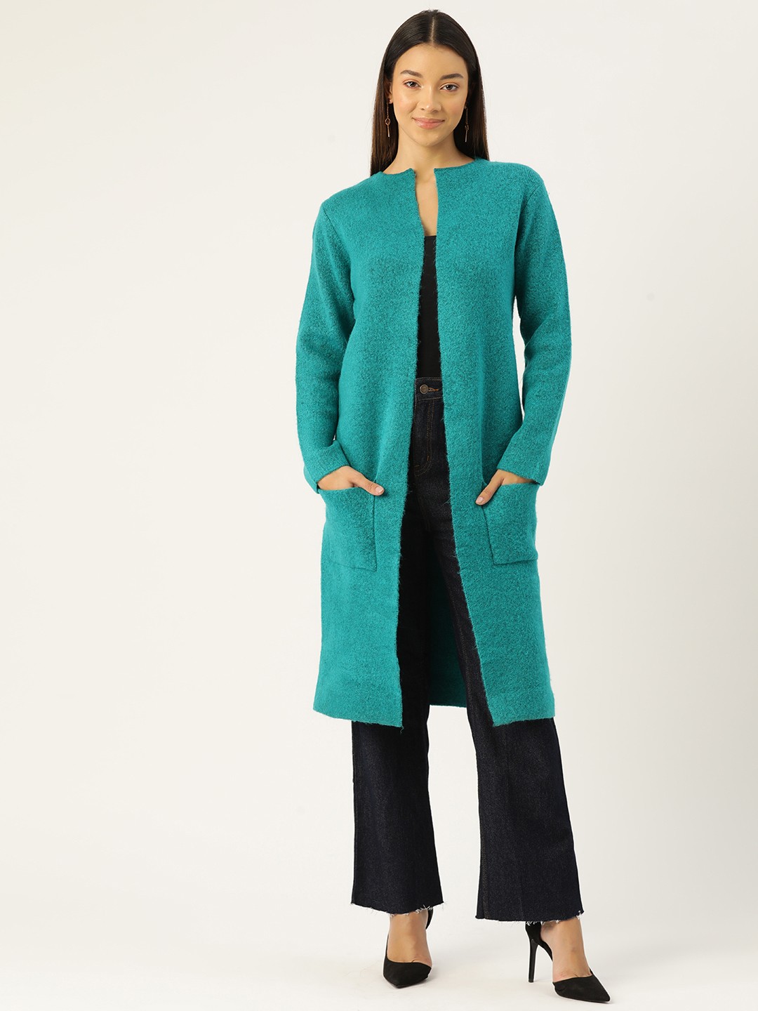 

Madame Front-Open Longline Sweater, Turquoise blue
