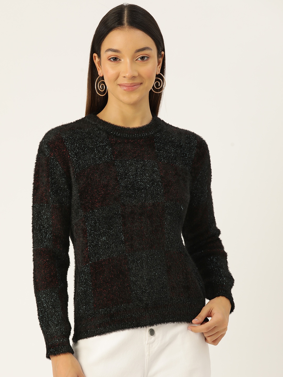 

Madame Fuzzy Detail Checked Pullover, Black