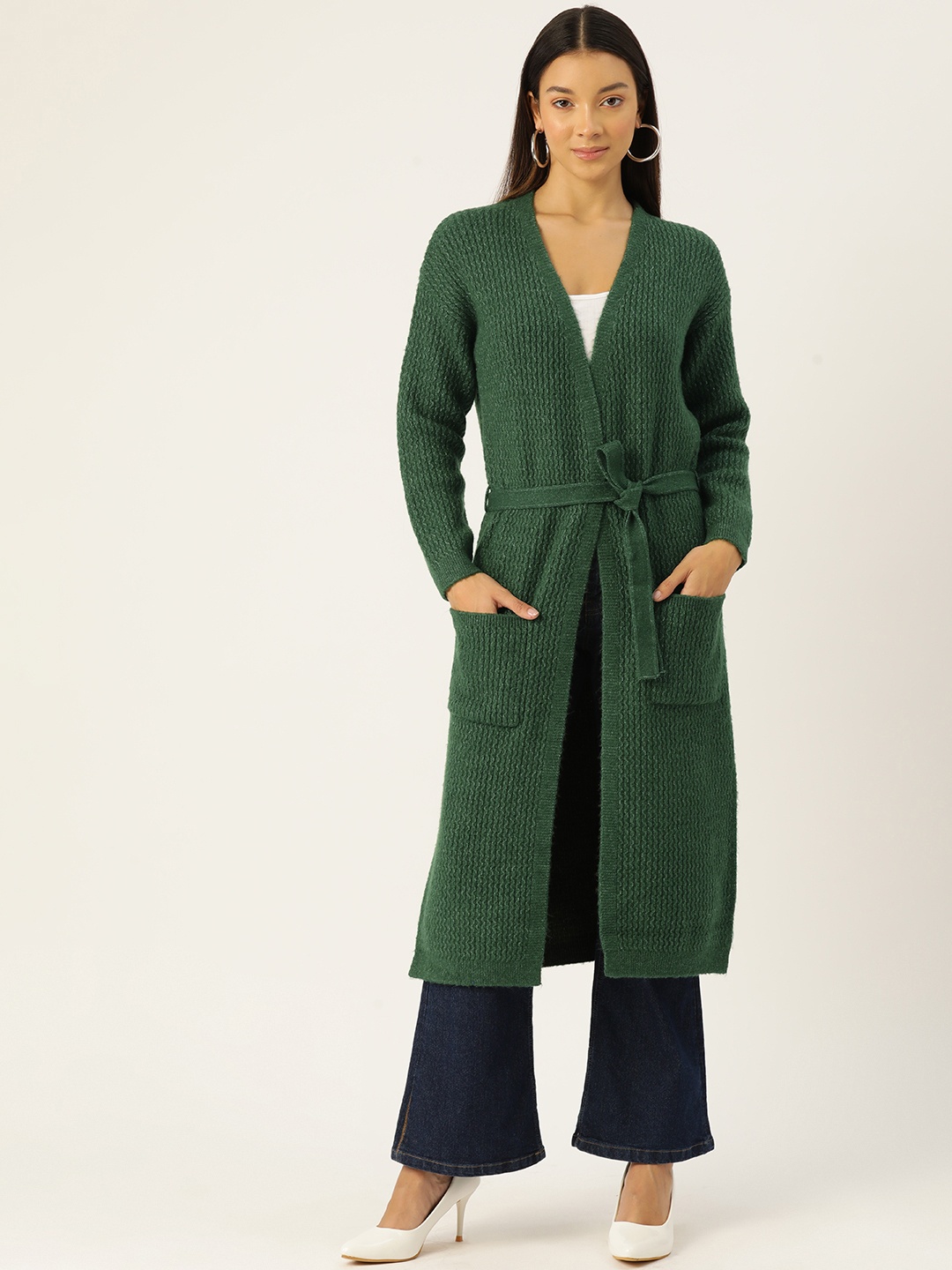 

Madame Longline Front Open Cardigan With Tie-Up Detail, Green