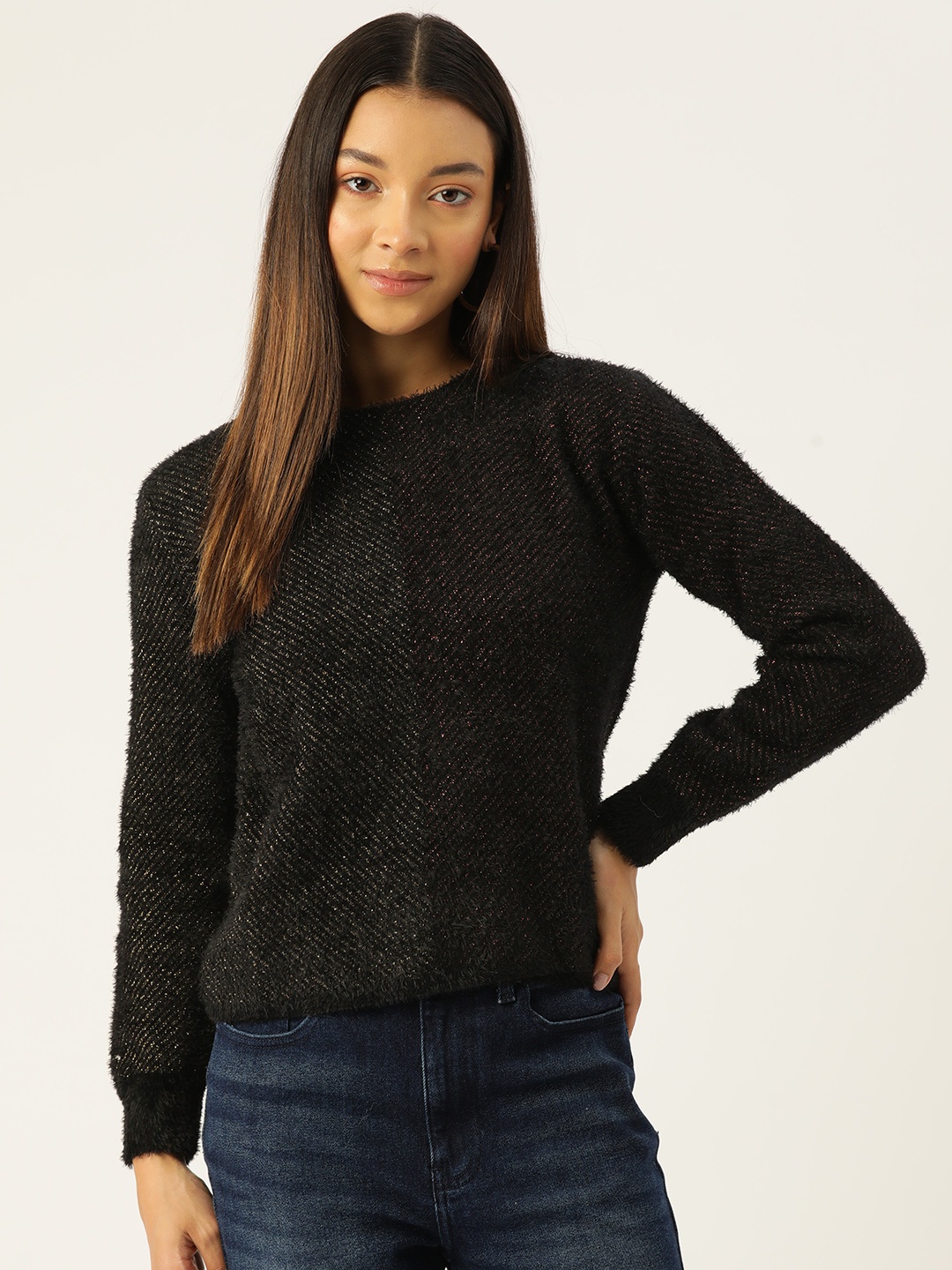 

Madame Shimmery Pullover with Fuzzy Detail, Black