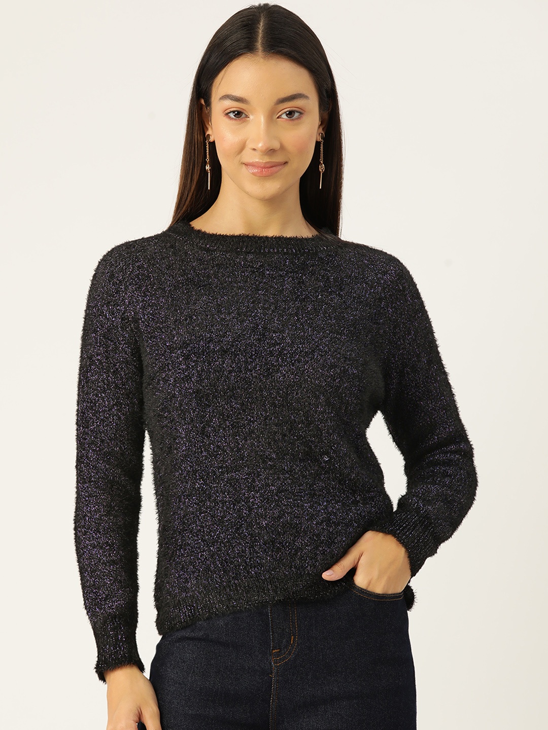 

Madame Shimmery Fuzzy Detail Pullover, Black