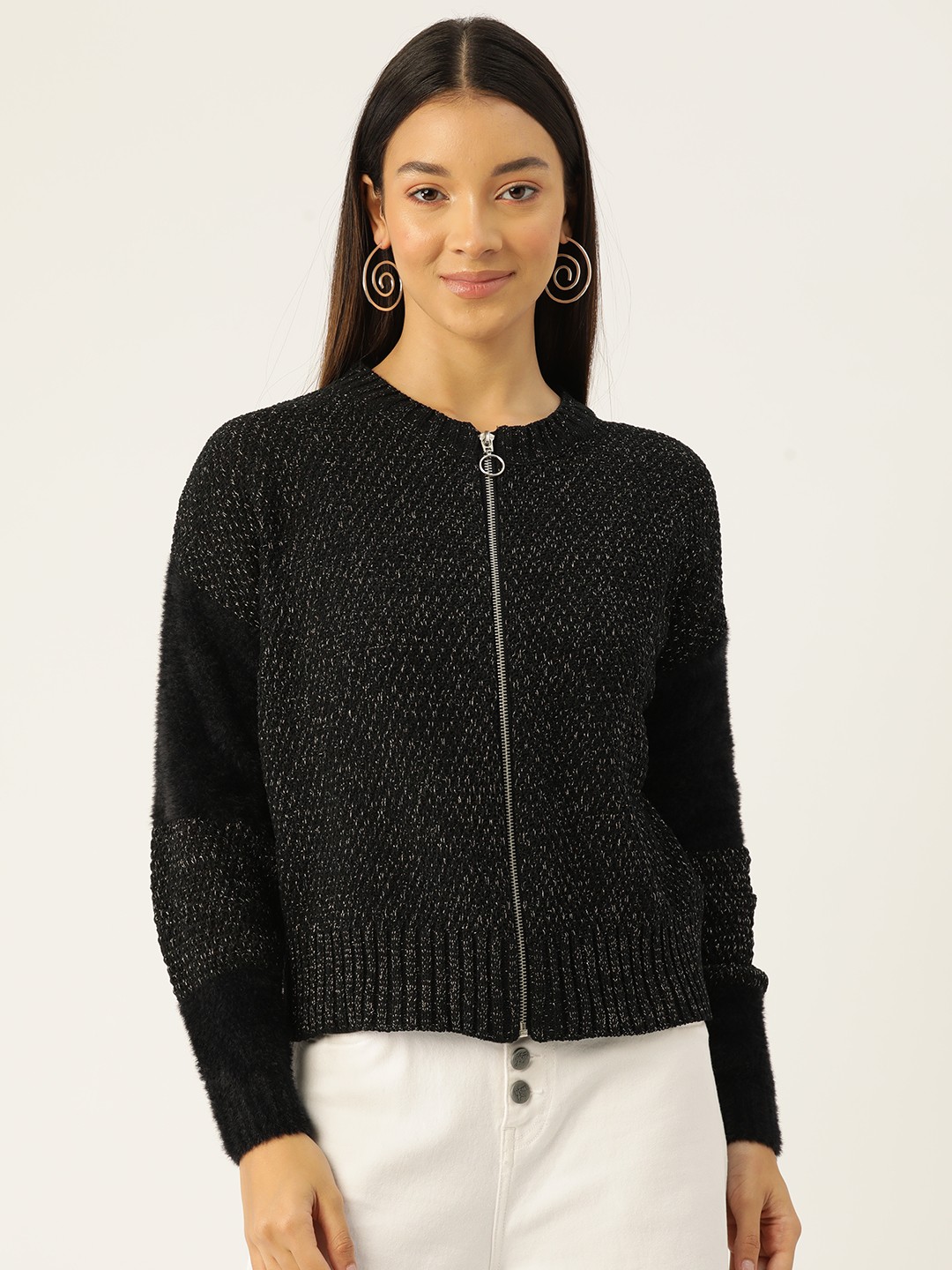 

Madame Shimmery Cardigan with Fuzzy Detail, Black