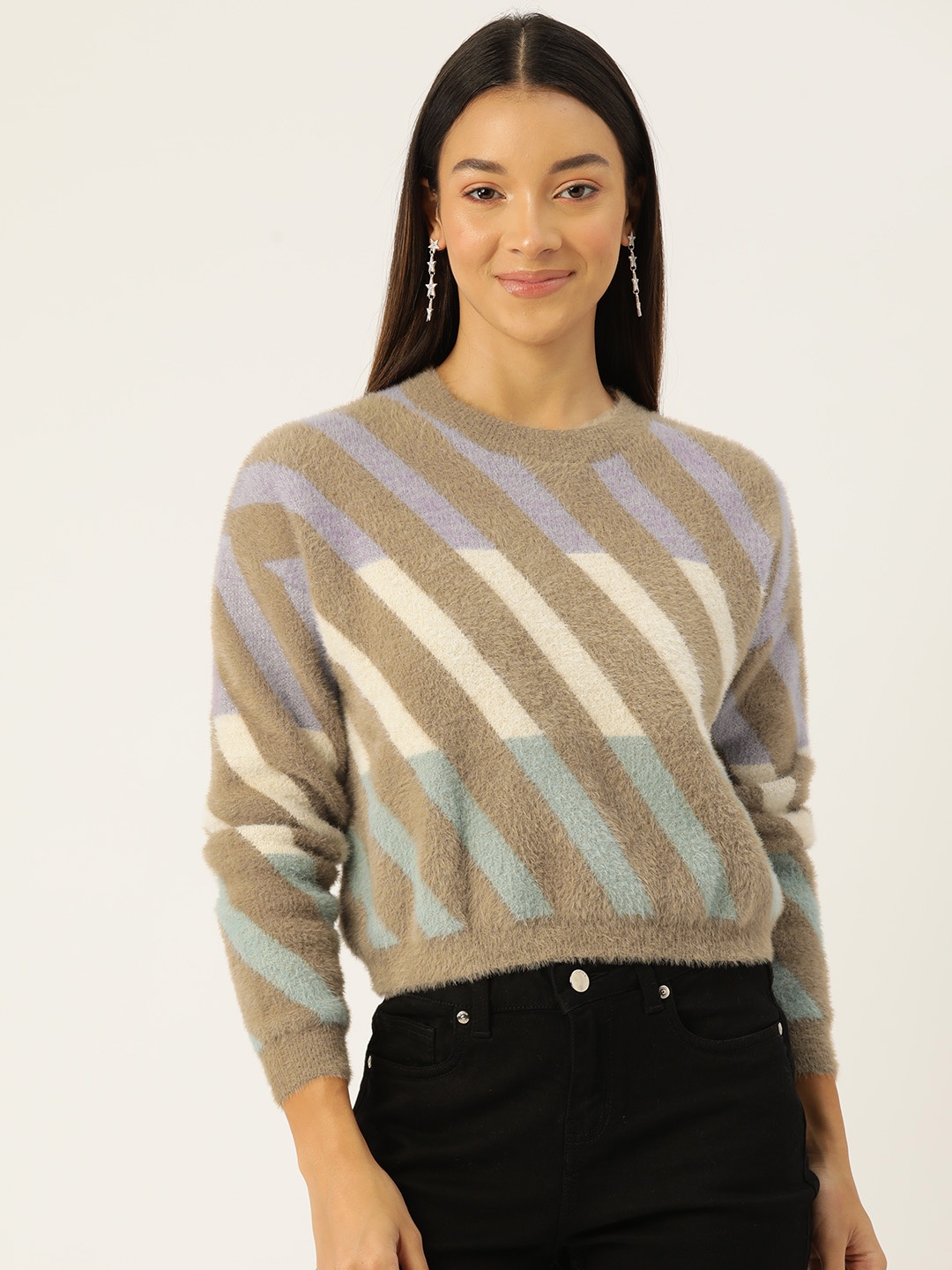 

Madame Fuzzy Detail Striped Pullover, Multi