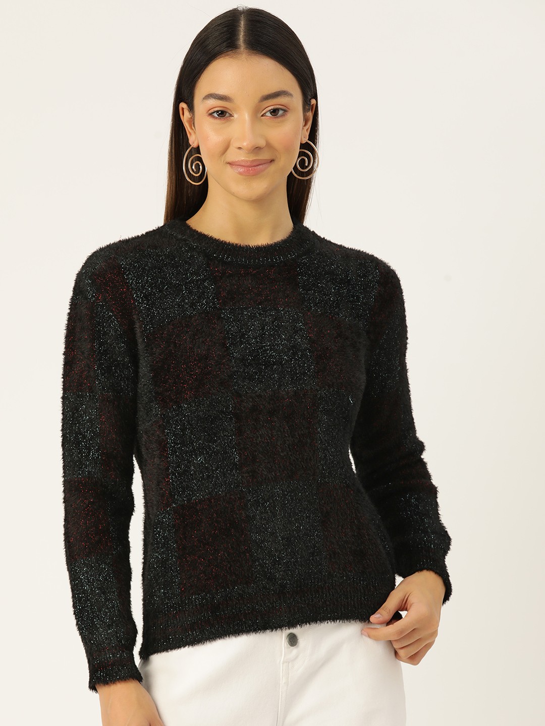 

Madame Fuzzy Detail Checked Pullover, Black