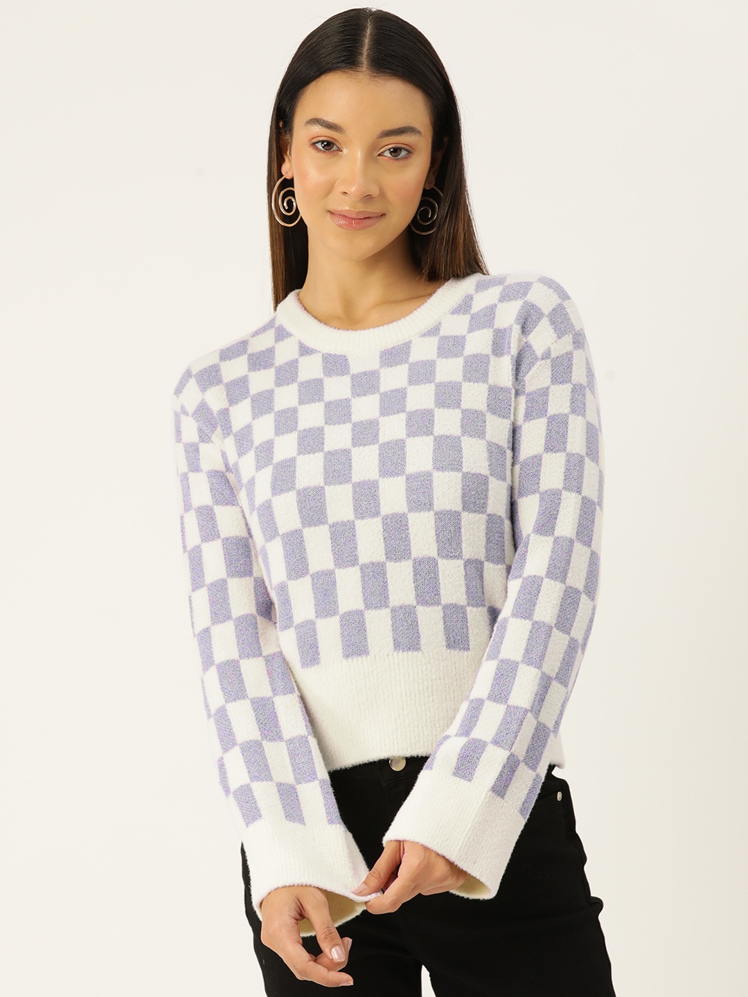 

Madame Checked Drop-Shoulder Sleeves Pullover, Off white