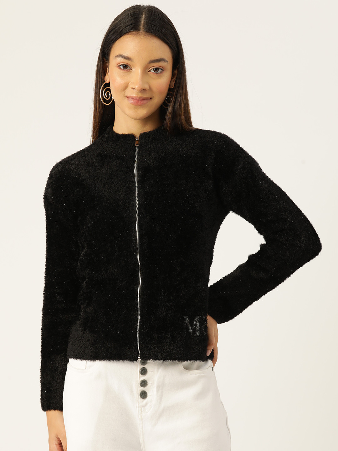

Madame Shimmery Cardigan with Fuzzy Detail, Black
