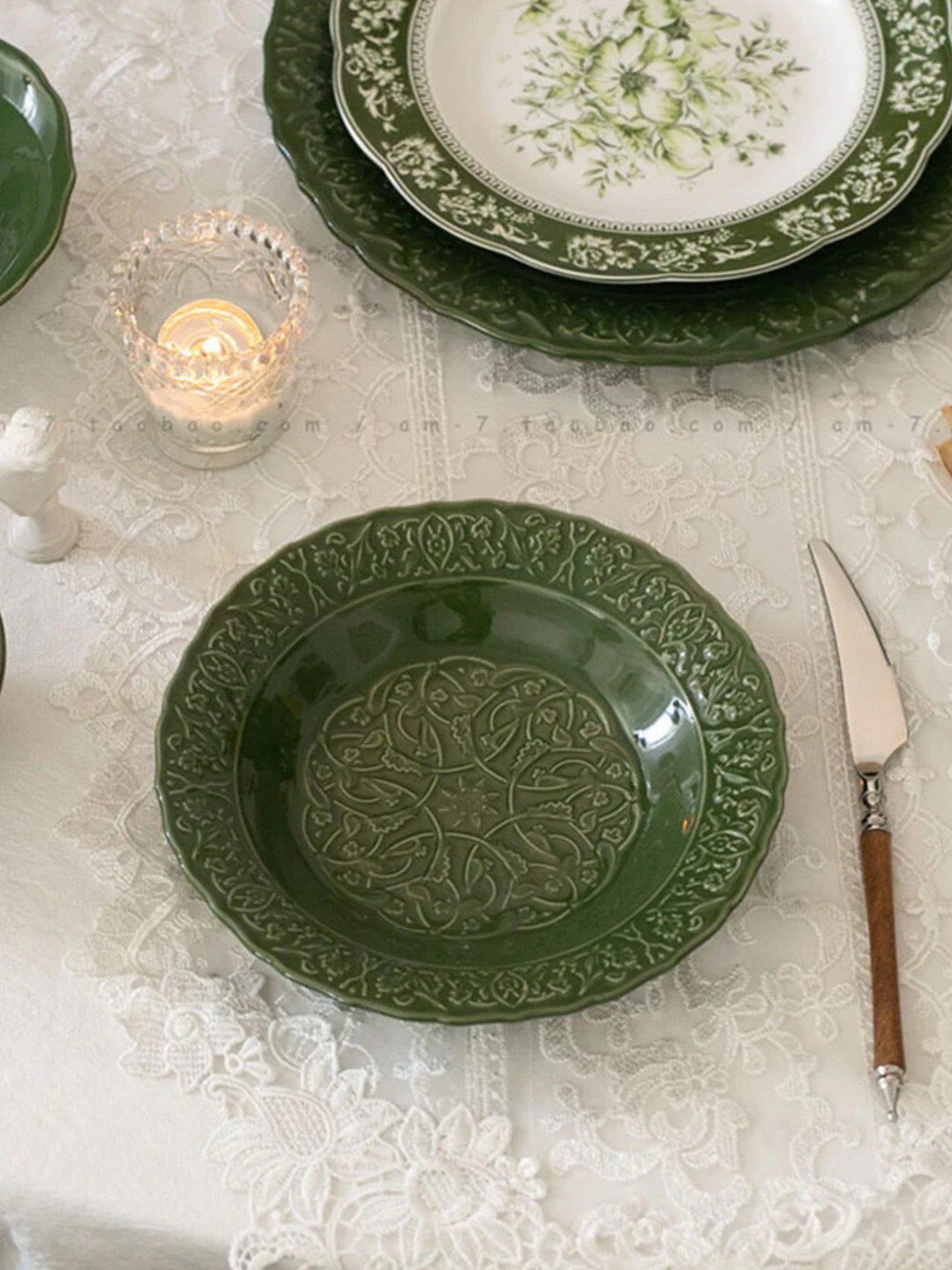

THEDECORKART Green Textured Ceramic Glossy Plate