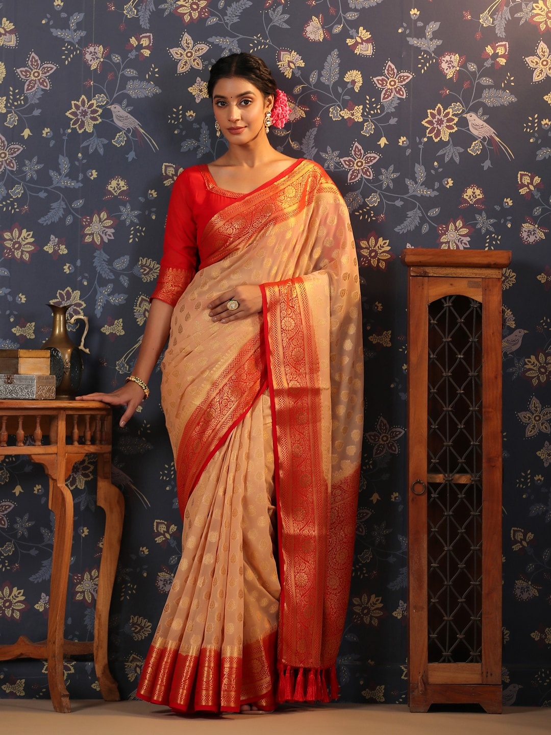 

House of Pataudi Ethnic Motifs Woven Design Zari Pure Georgette Banarasi Saree, Peach