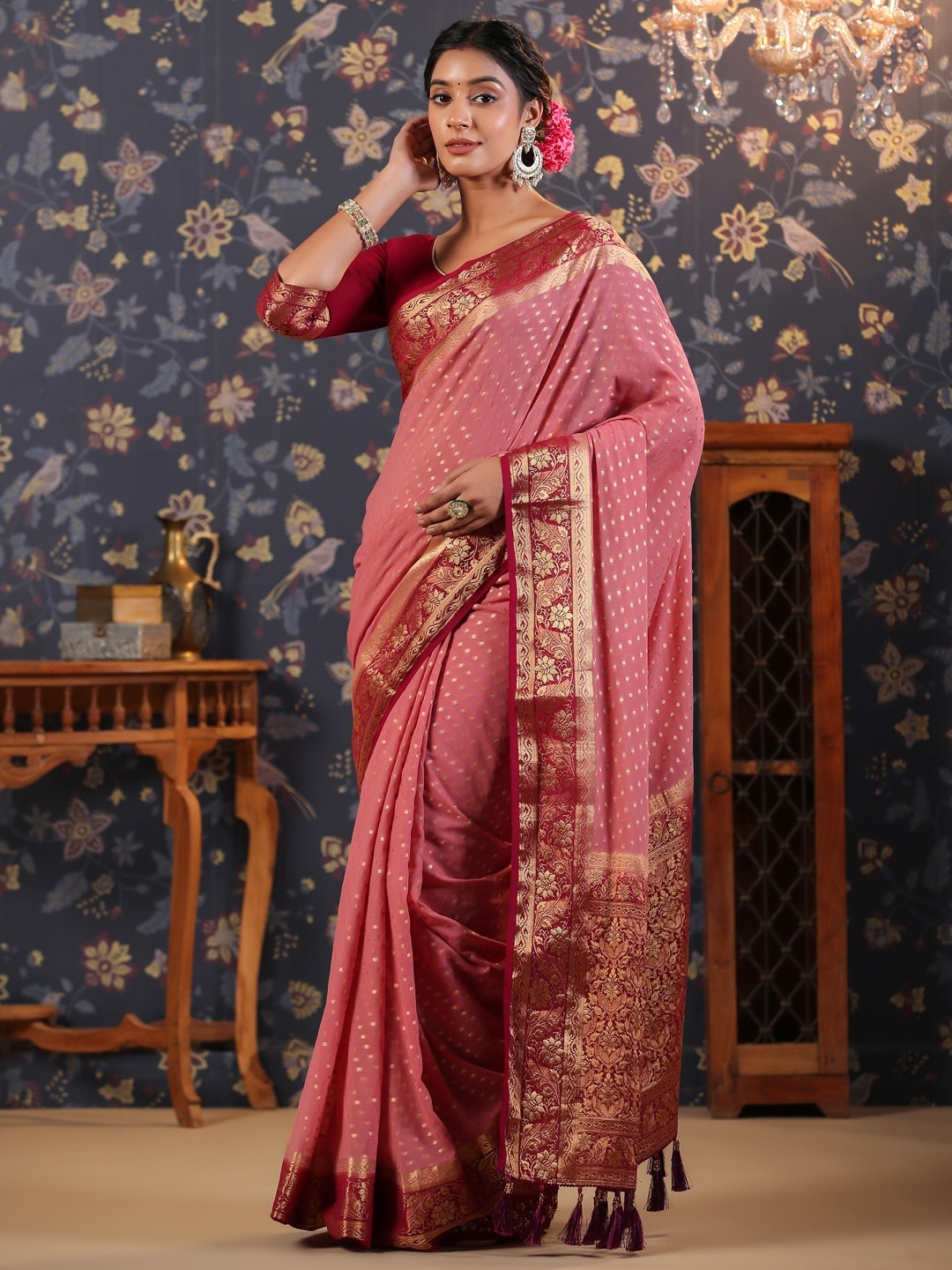 

House of Pataudi Ethnic Motifs Woven Design Zari Pure Georgette Banarasi Saree, Pink