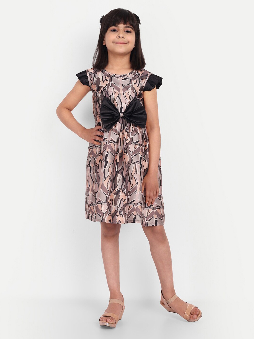 

TILISM Girls Abstract Print Flutter Sleeve Bow Detail Satin Fit & Flare Dress, Brown