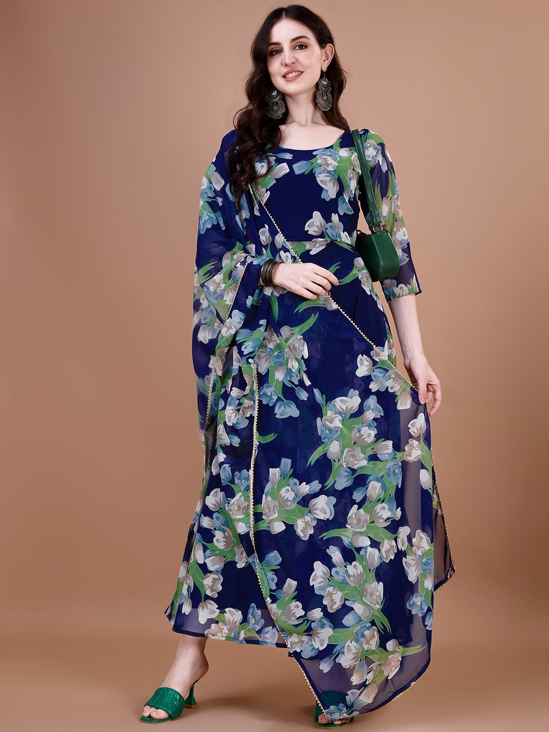 

Wedani Floral Printed Anarkali kurta With Leggings And Dupatta, Navy blue