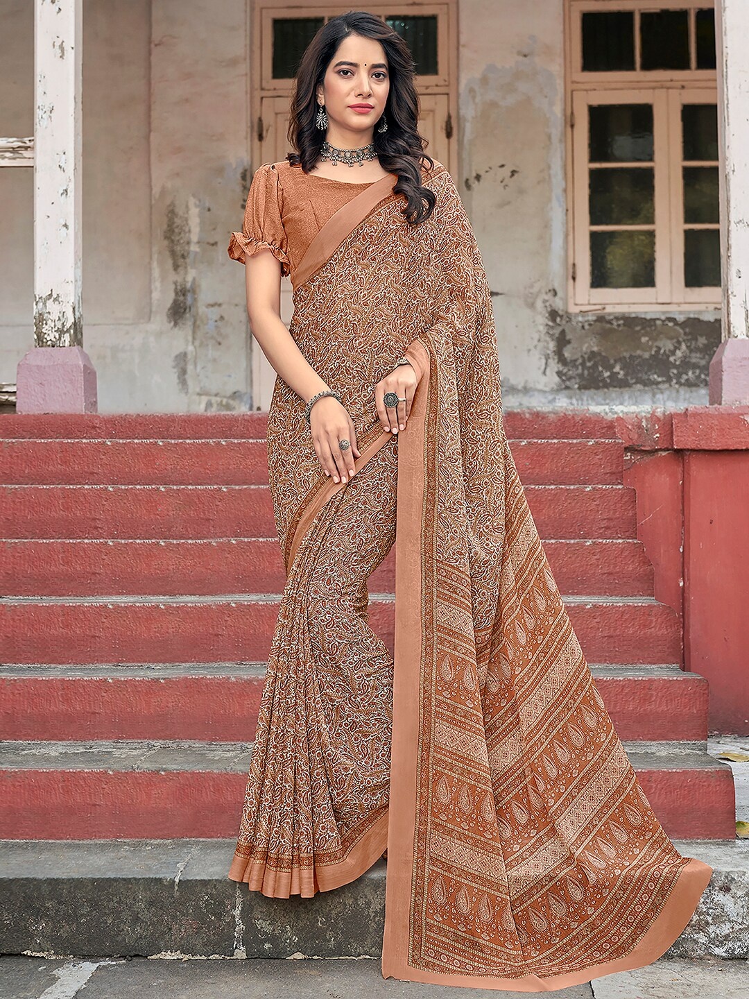 

KALINI Paisley Printed Pure Chiffon Saree, Brown