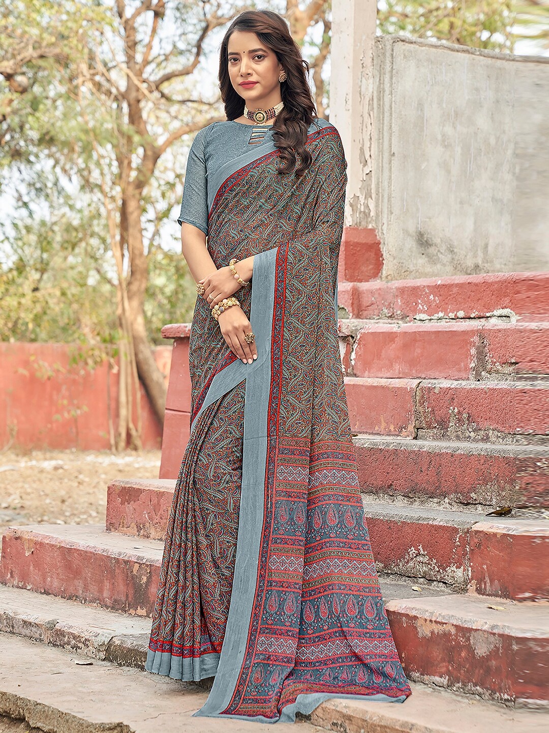 

KALINI Ethnic Motifs Printed Pure Chiffon Saree, Grey