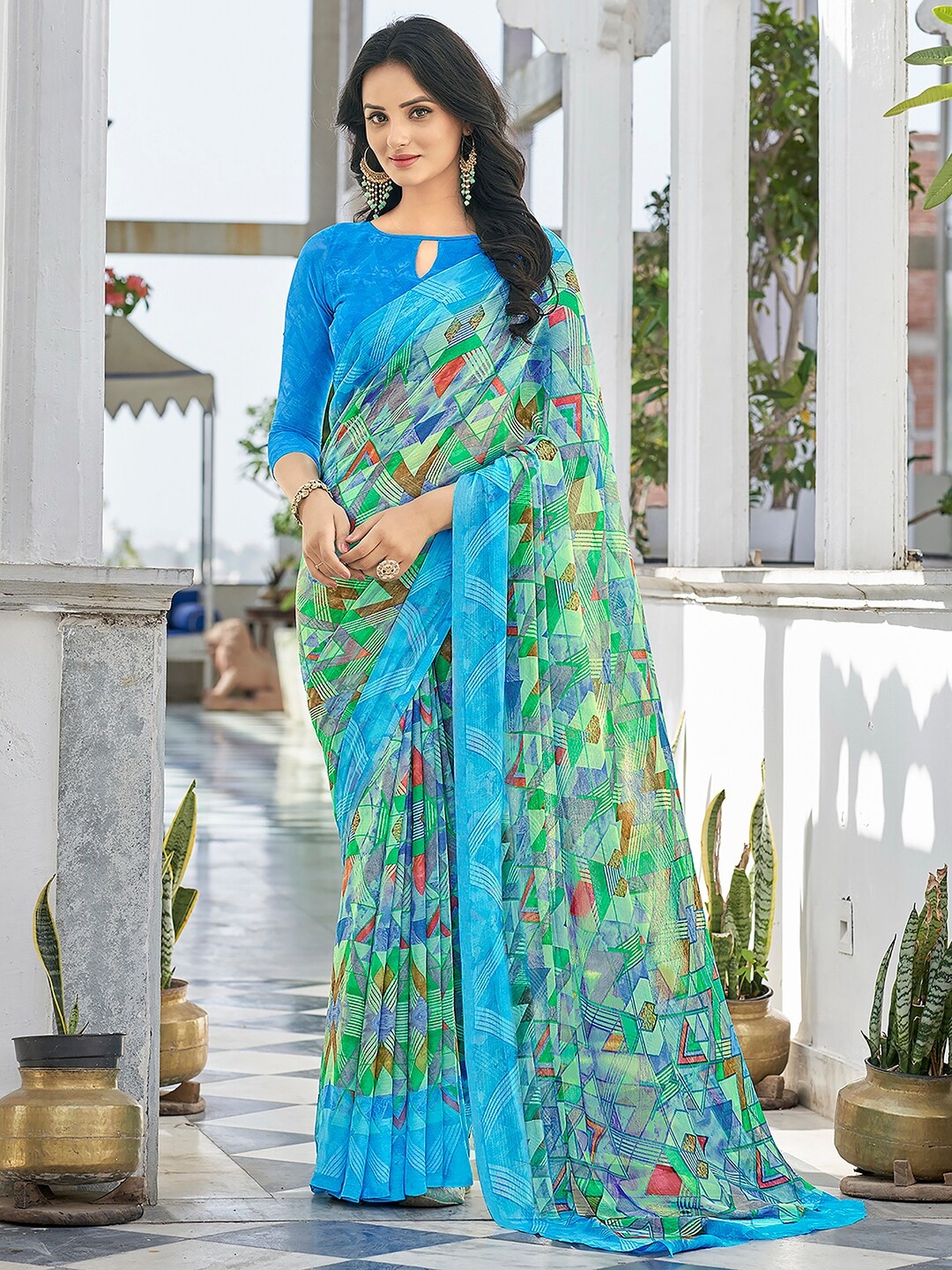 

KALINI Geometric Printed Pure Chiffon Saree, Green