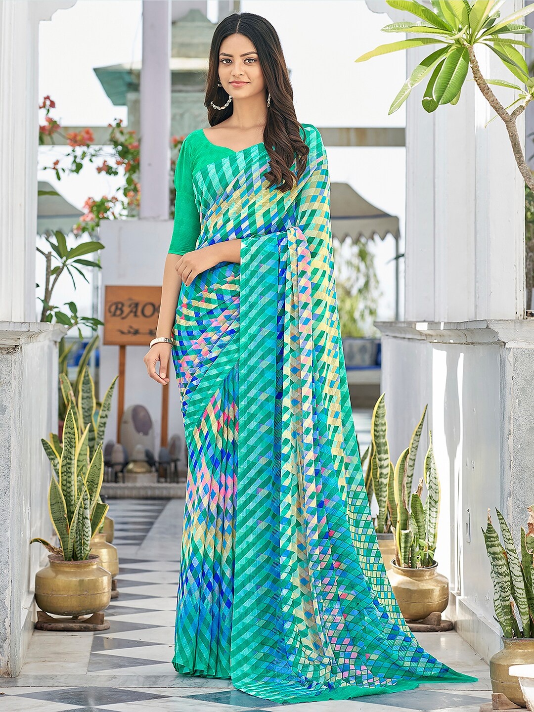 

KALINI Geometric Printed Poly Chiffon Dabu Saree, Sea green