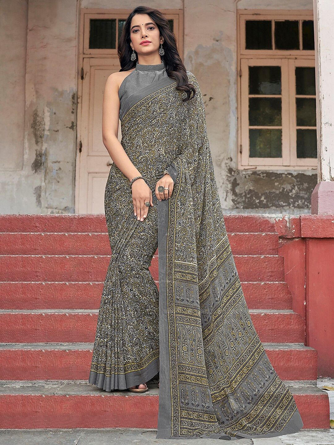 

KALINI Floral Printed Pure Chiffon Dabu Saree, Grey