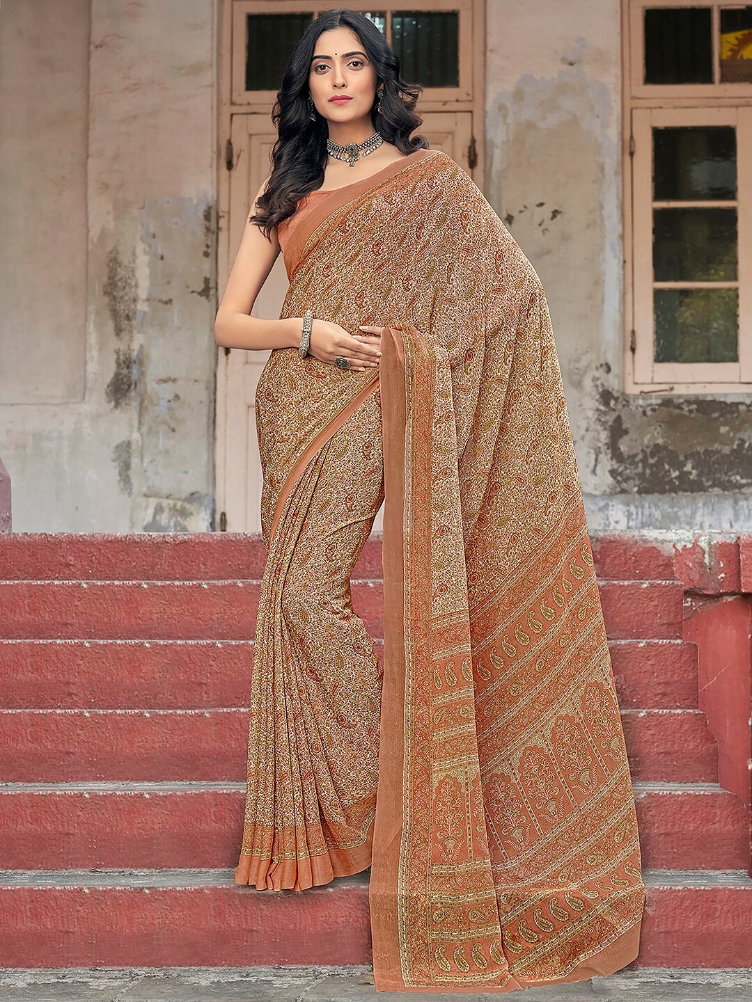 

KALINI Paisley Printed Pure Chiffon Dabu Saree, Brown